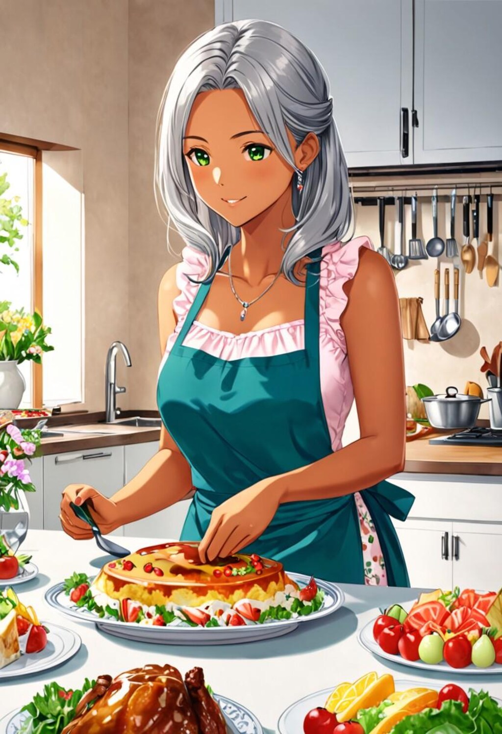 料理中の褐色お姉さん