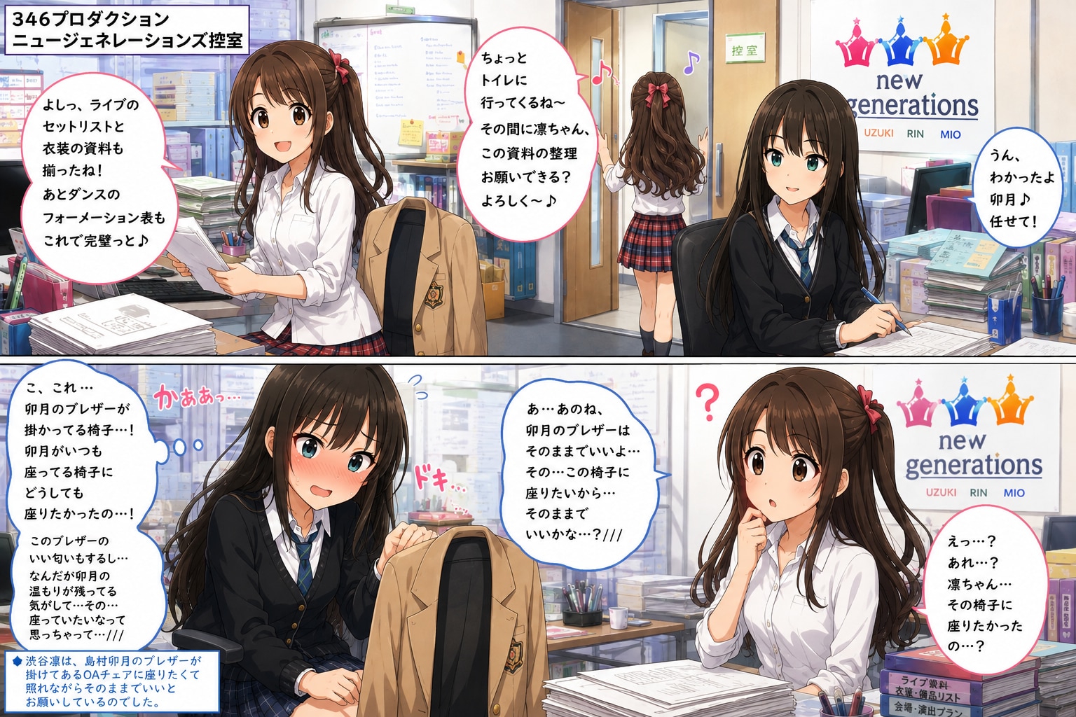 島村卯月のブレザーを掛けた席に顔を真っ赤にして座ろうとする渋谷凛 | の人気AIイラスト・グラビア