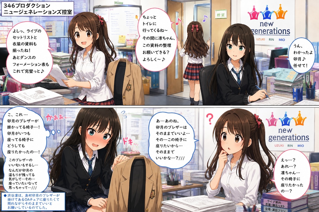 島村卯月のブレザーを掛けた席に顔を真っ赤にして座ろうとする渋谷凛
