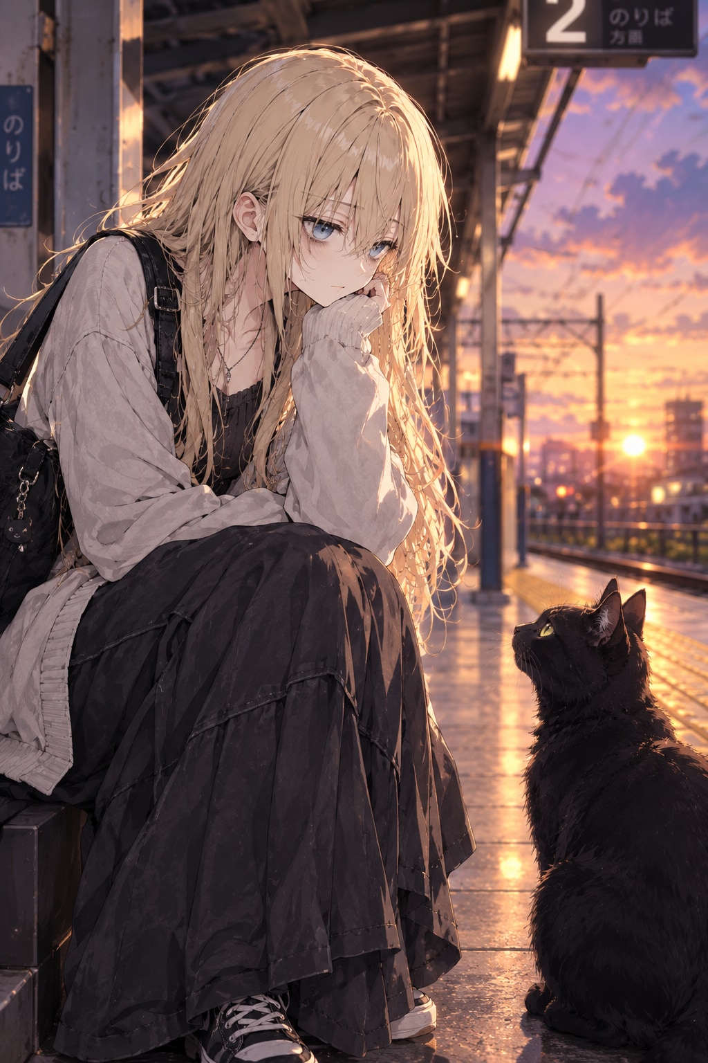 迷い込んだ黒猫と、残念美人な疲れた視線の金髪少女 | の人気AIイラスト・グラビア