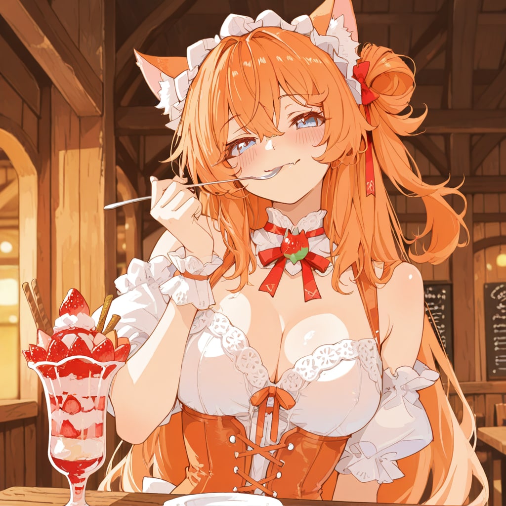 まかないのパフェを食べる猫耳メイドさん