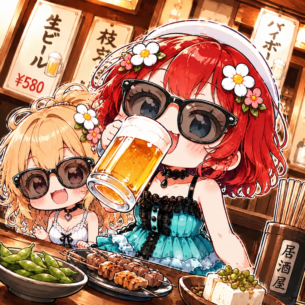 居酒屋で乾杯♪ サングラス姉妹のほろ酔いタイム