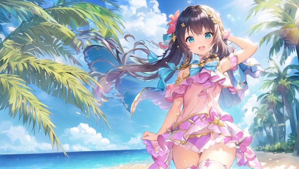 緑色、水着、アイドル衣装、夏、ビーチ、黒髪