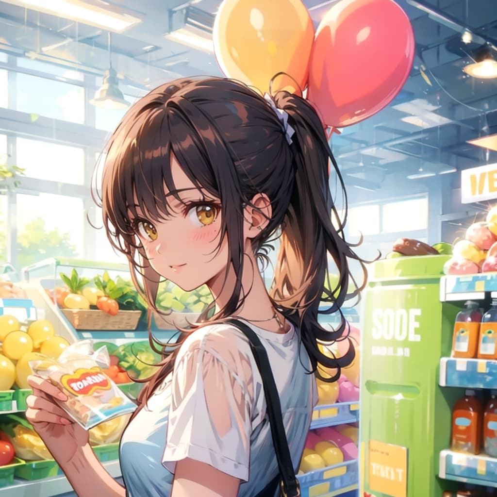 スーパーで風船を持つブラウンポニーテールの美女店員さん。