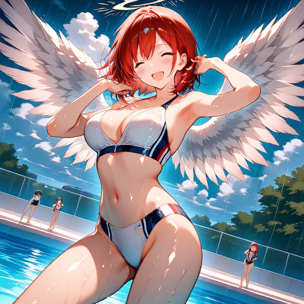 どうせ濡れるから雨のプール楽しもう！