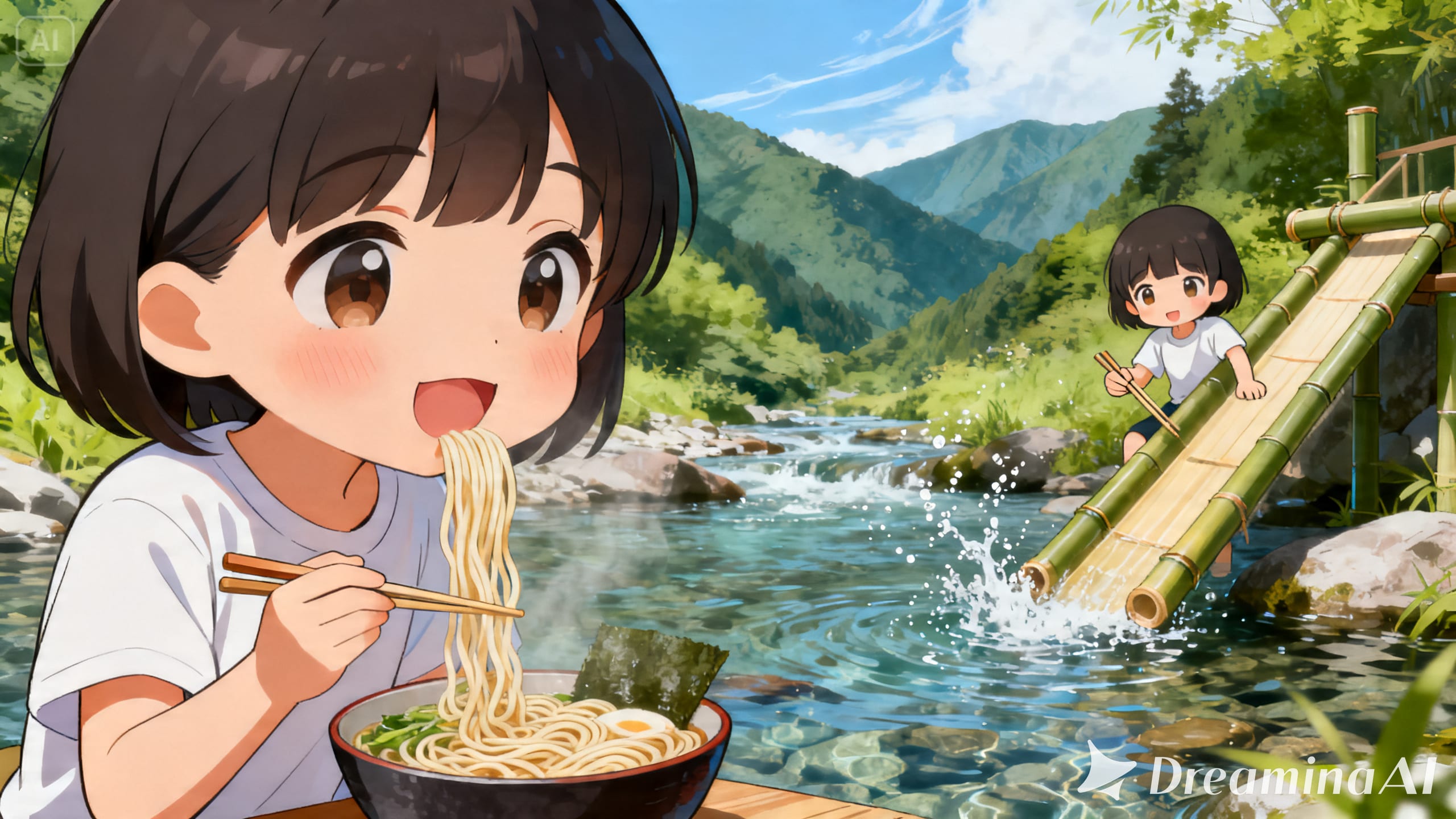 今日の夏休み（川で流しそうめん体験１）