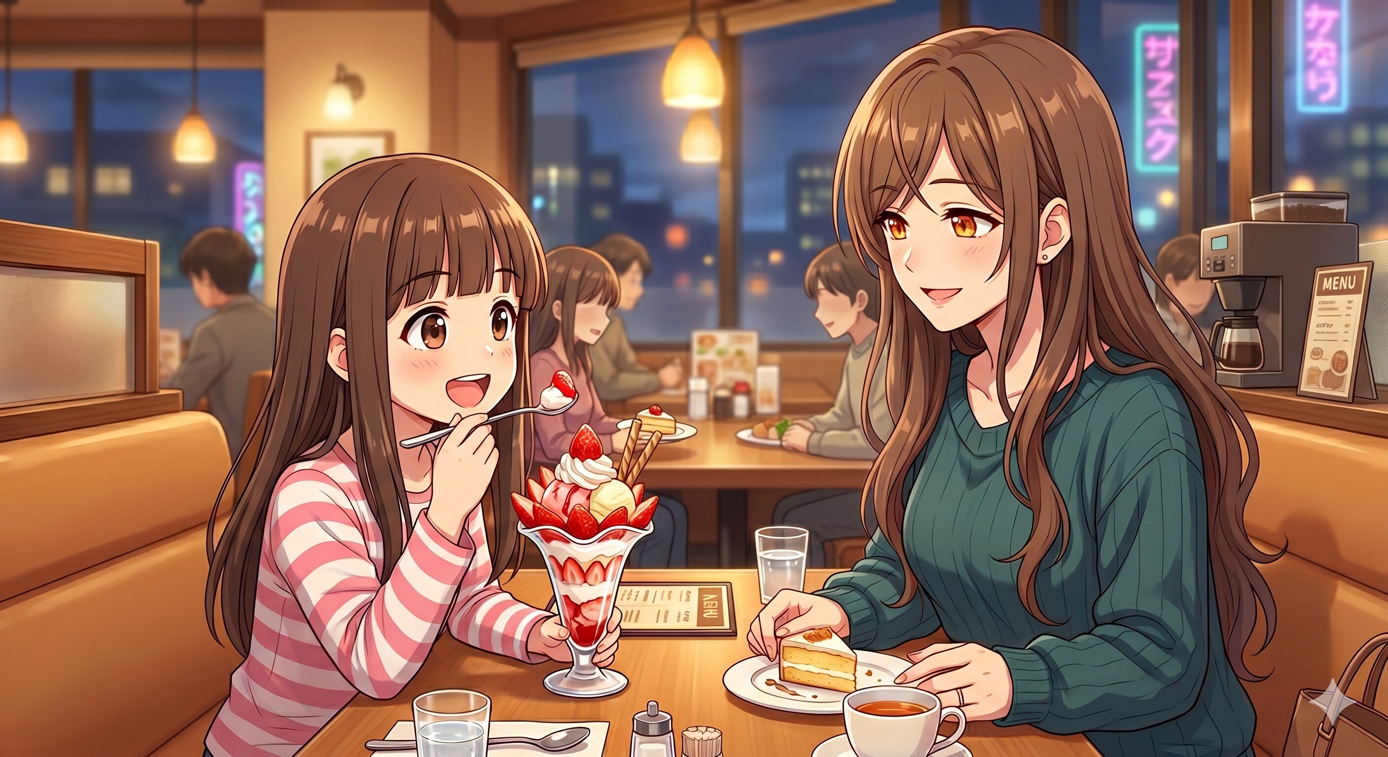 苺パフェを食べているメグさん と ナナさん