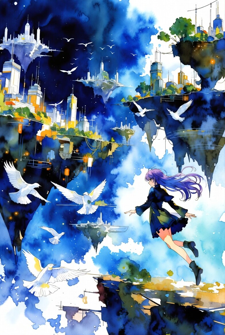 無限の青き虚空に浮かぶ逆さ都市の残骸群の狭間で、風に乱れ舞う紫の長髪をなびかせた孤独なる少女が、巨大なる月光の冷たい沈黙の下、存在の境界線を問い続ける永遠の瞑想 ―― そこに在るのは現実か、ただの水 | の人気AIイラスト・グラビア