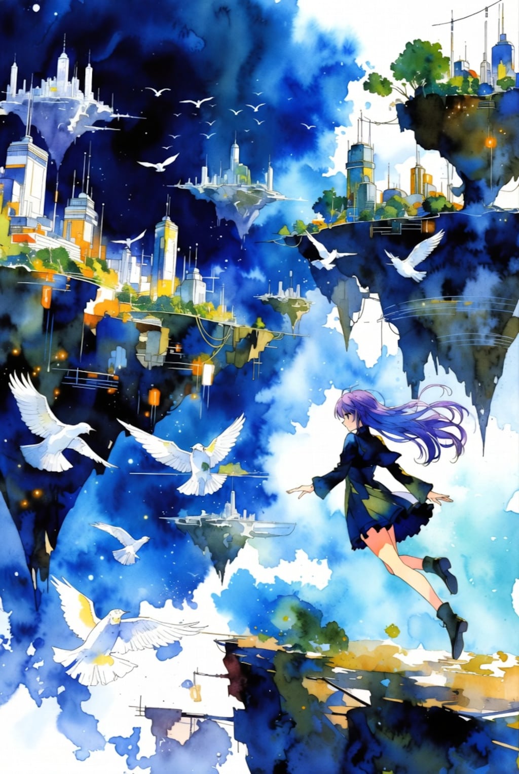 無限の青き虚空に浮かぶ逆さ都市の残骸群の狭間で、風に乱れ舞う紫の長髪をなびかせた孤独なる少女が、巨大なる月光の冷たい沈黙の下、存在の境界線を問い続ける永遠の瞑想 ―― そこに在るのは現実か、ただの水