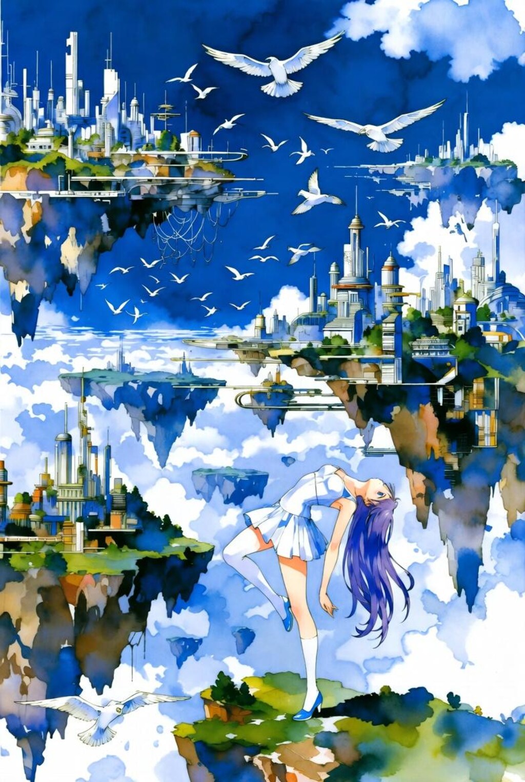 無限の青き虚空に浮かぶ逆さ都市の残骸群の狭間で、風に乱れ舞う紫の長髪をなびかせた孤独なる少女が、巨大なる月光の冷たい沈黙の下、存在の境界線を問い続ける永遠の瞑想 ―― そこに在るのは現実か、ただの水