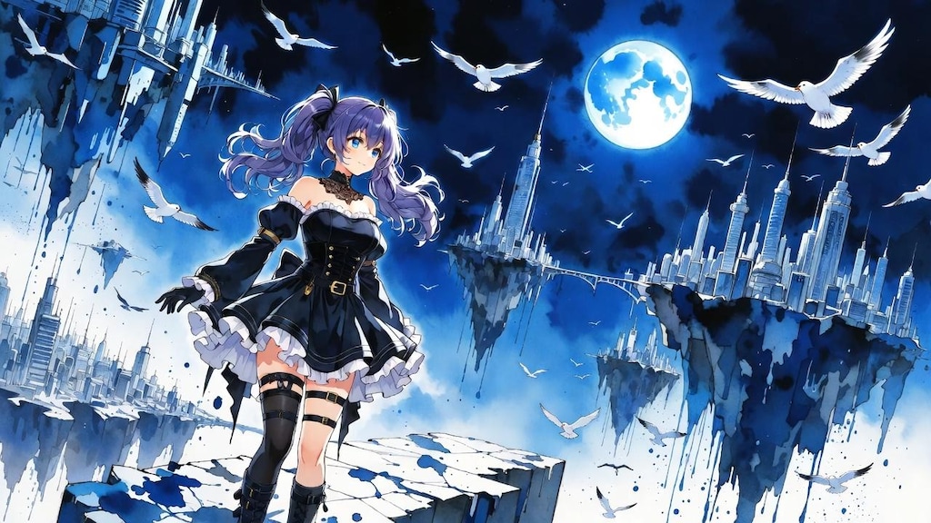 無限の青き虚空に浮かぶ逆さ都市の残骸群の狭間で、風に乱れ舞う紫の長髪をなびかせた孤独なる少女が、巨大なる月光の冷たい沈黙の下、存在の境界線を問い続ける永遠の瞑想 ―― そこに在るのは現実か、ただの水