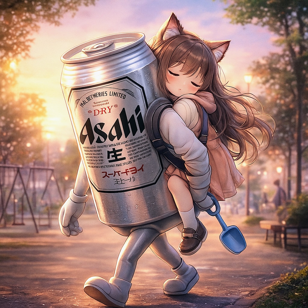 遊び疲れて寝ちゃった小さな女の子と背負って帰るビール缶