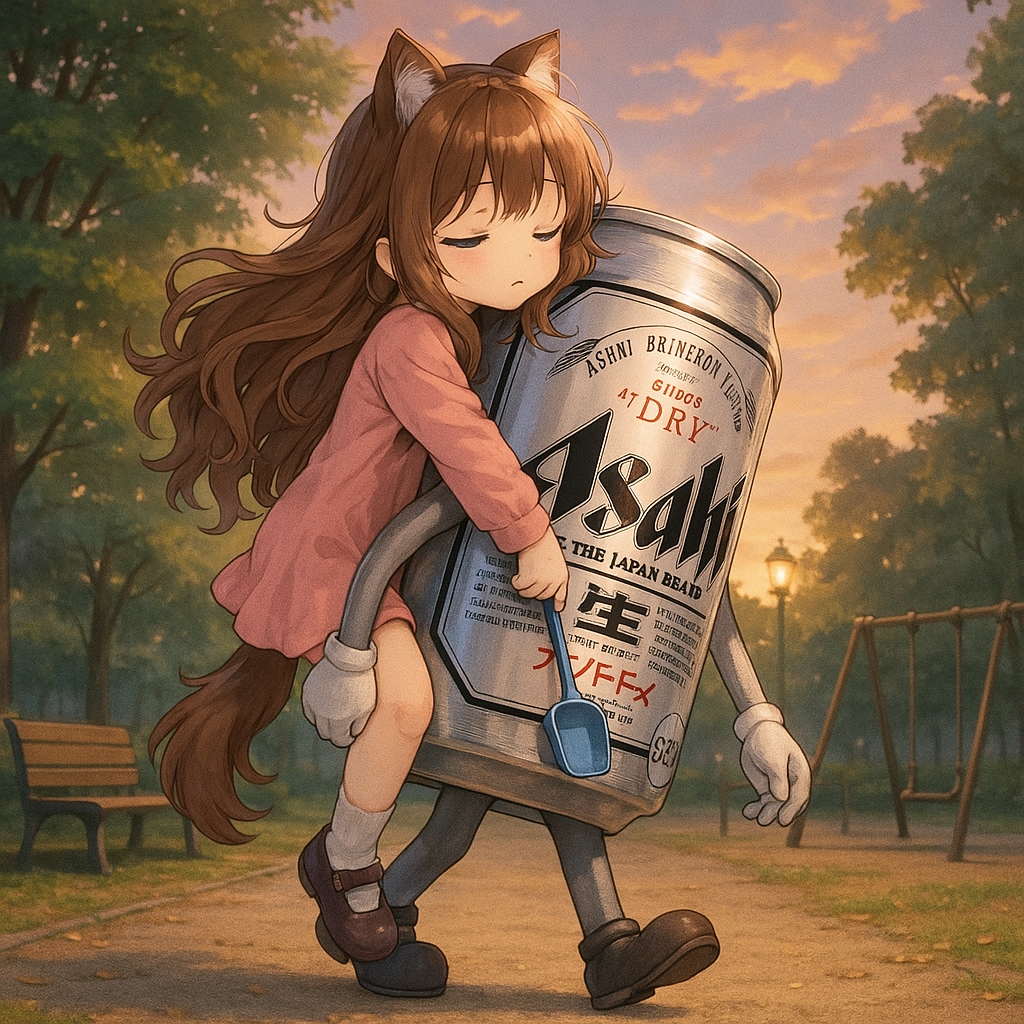 遊び疲れて寝ちゃった小さな女の子と背負って帰るビール缶