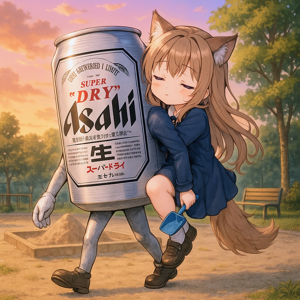 遊び疲れて寝ちゃった小さな女の子と背負って帰るビール缶