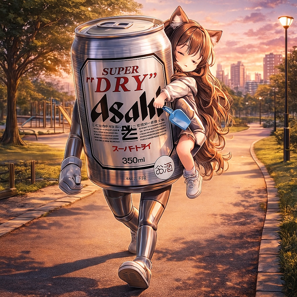 遊び疲れて寝ちゃった小さな女の子と背負って帰るビール缶