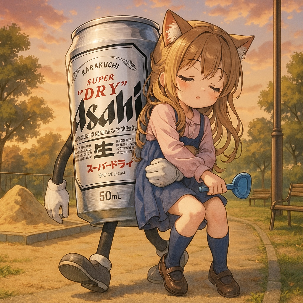 遊び疲れて寝ちゃった小さな女の子と背負って帰るビール缶