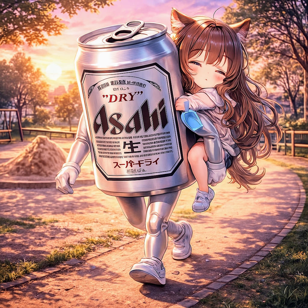 遊び疲れて寝ちゃった小さな女の子と背負って帰るビール缶