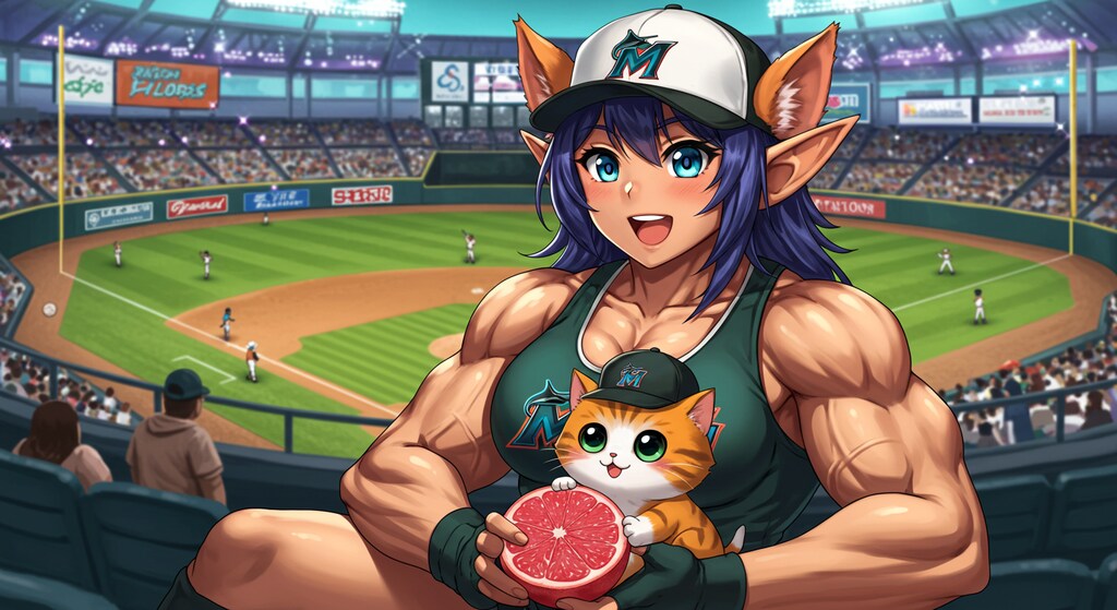 筋肉エルフと子猫の野球観戦