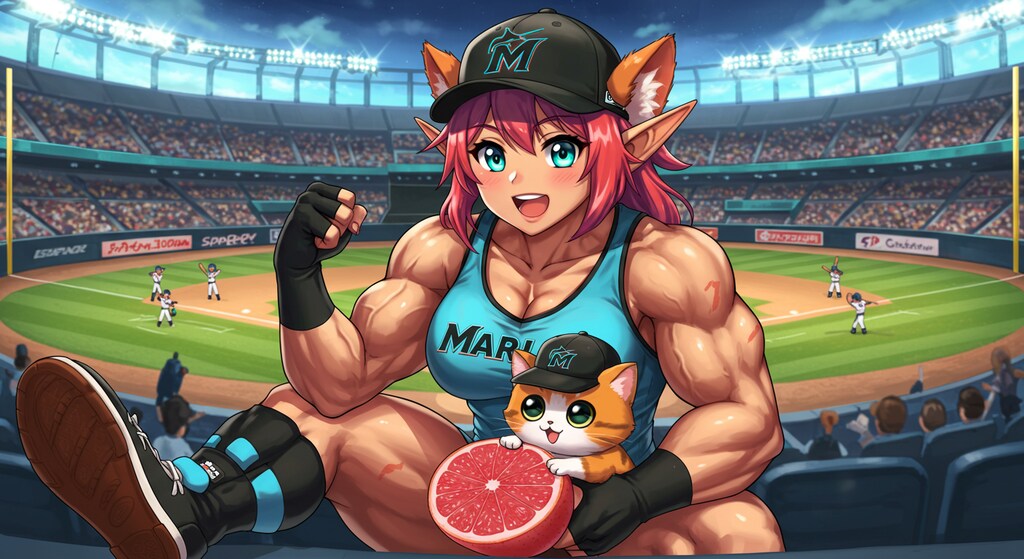 筋肉エルフと子猫の野球観戦