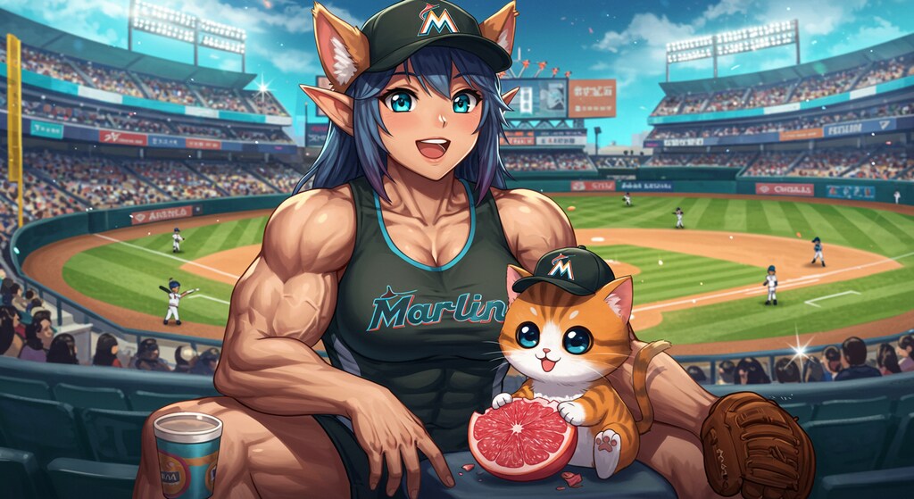 筋肉エルフと子猫の野球観戦