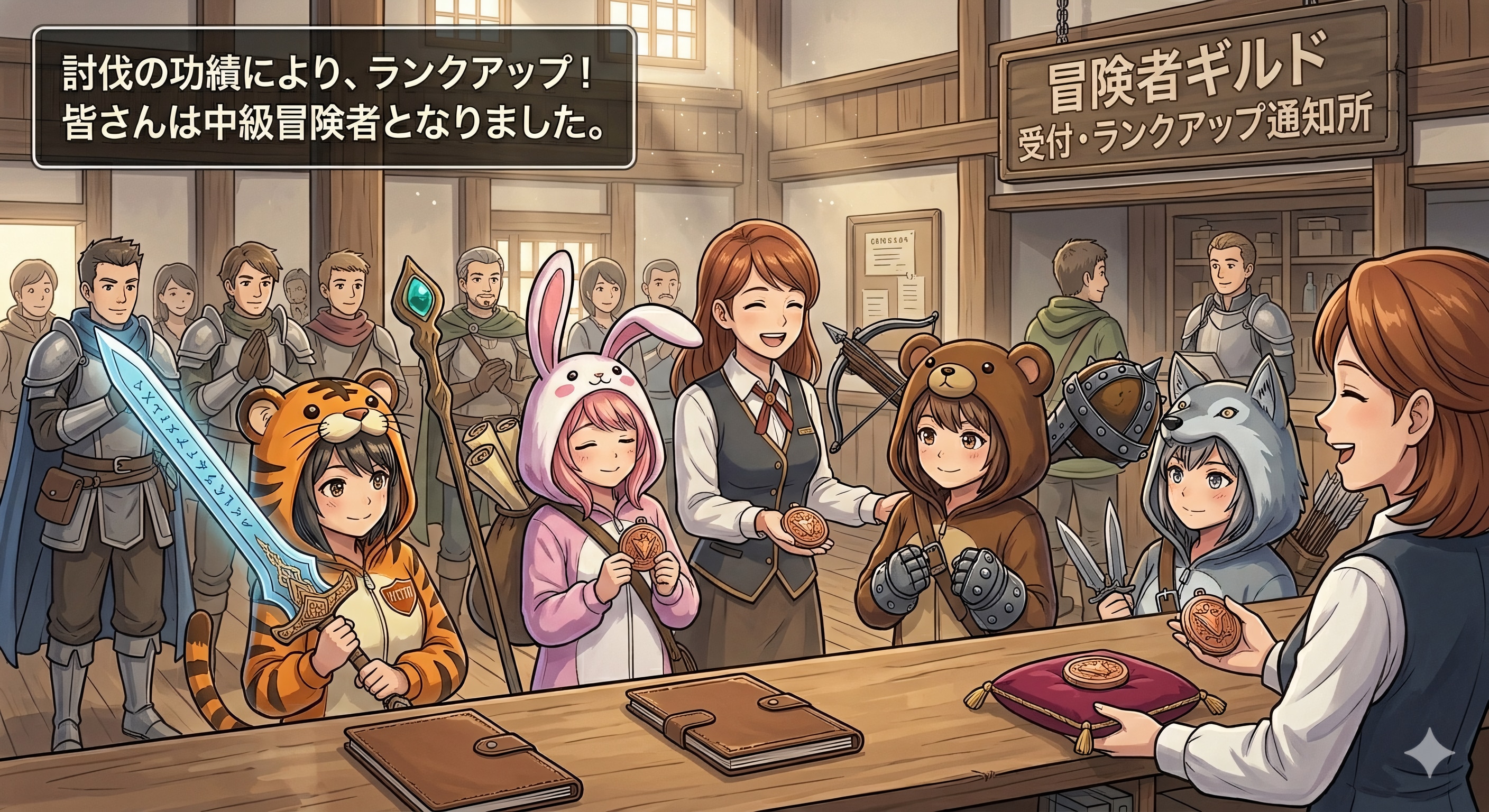 【All0424b】先日のスライム討伐依頼の報酬を受け取りに来たら、冒険者ギルトのお姉さんから中級者冒険者にランクアップしたことを知らされる（モデル: NanoBanana2） | の人気AIイラスト・グラビア