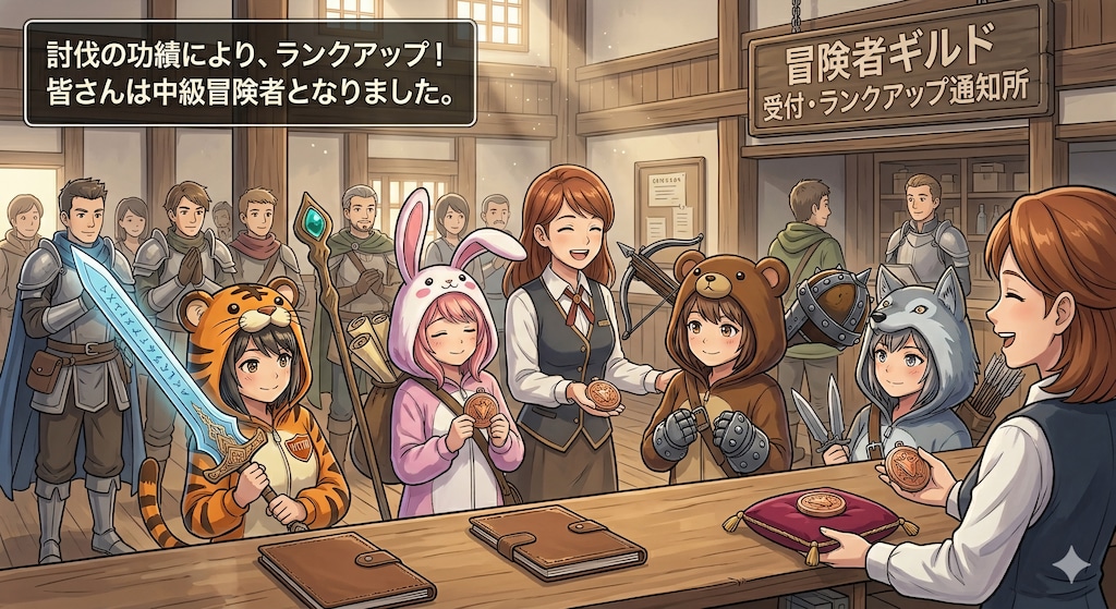 【All0424b】先日のスライム討伐依頼の報酬を受け取りに来たら、冒険者ギルトのお姉さんから中級者冒険者にランクアップしたことを知らされる（モデル: NanoBanana2）