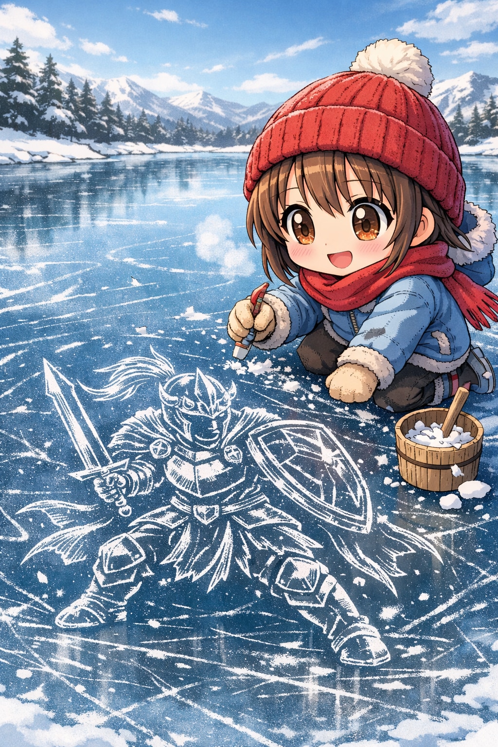 凍った湖面にお絵かきしているちびちゃん
