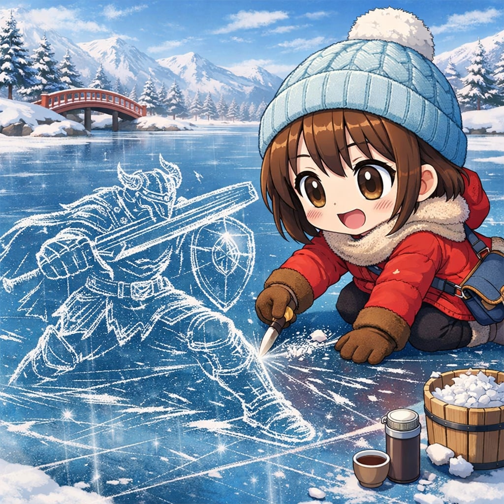 凍った湖面にお絵かきしているちびちゃん