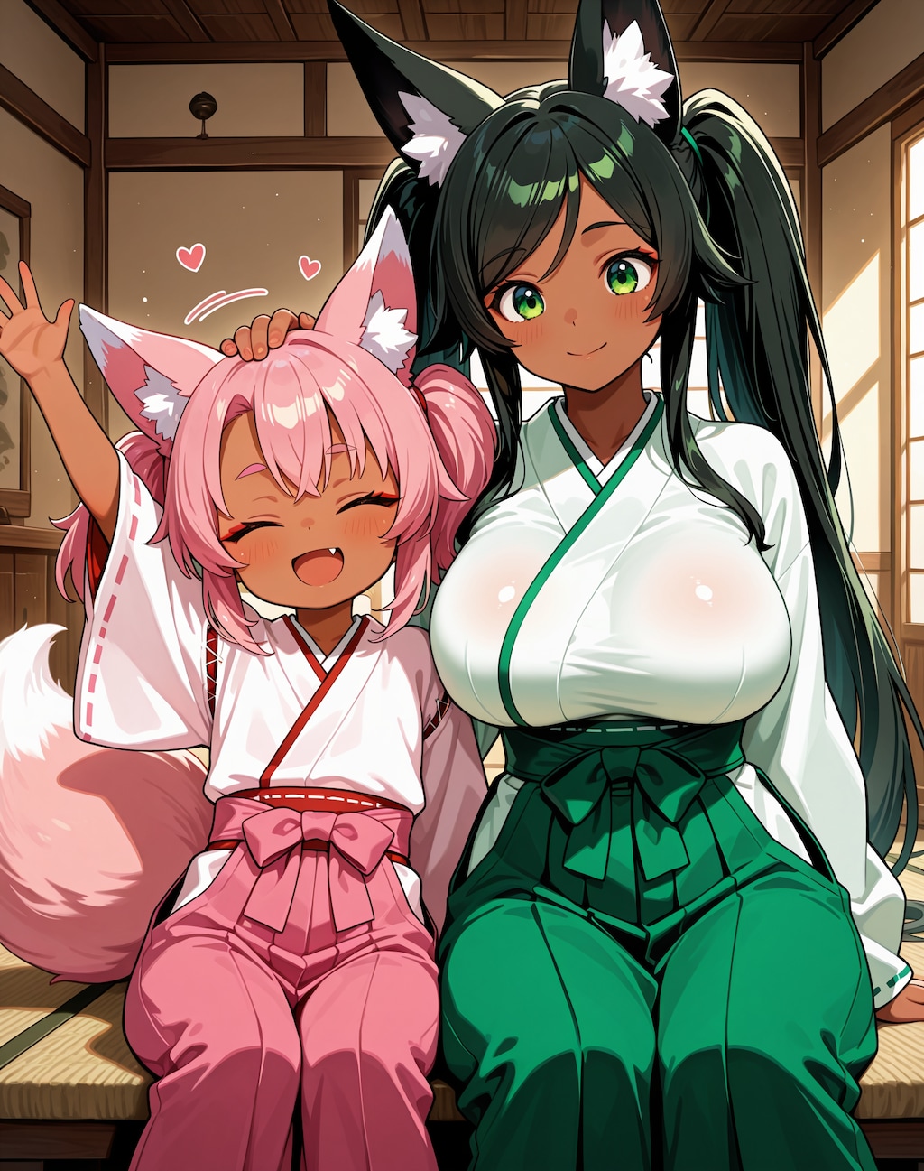 髪を結んであげる桃狐ちゃん