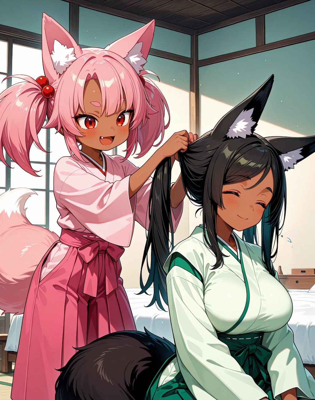 髪を結んであげる桃狐ちゃん