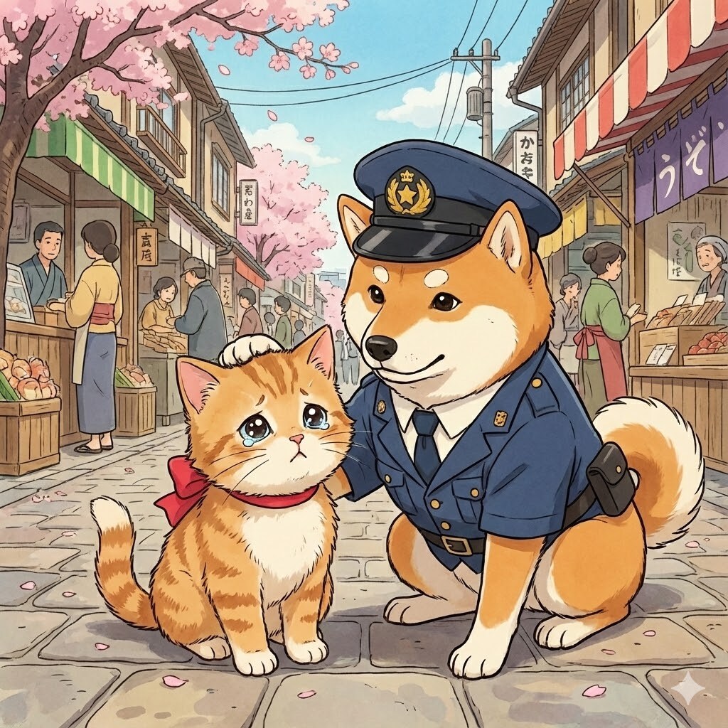 迷子の子猫ちゃんと犬のお巡りさん