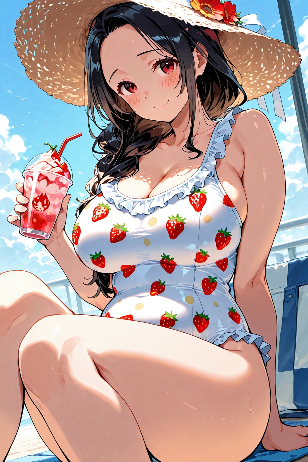 フリルつき苺ワンピース水着お母さんとの夏