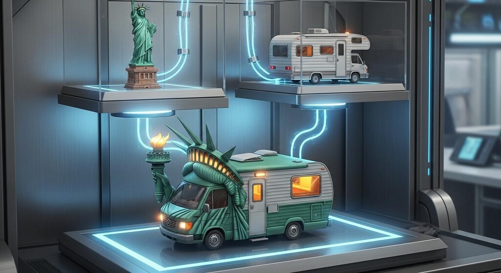 自由の女神＋キャンピングカーで合成