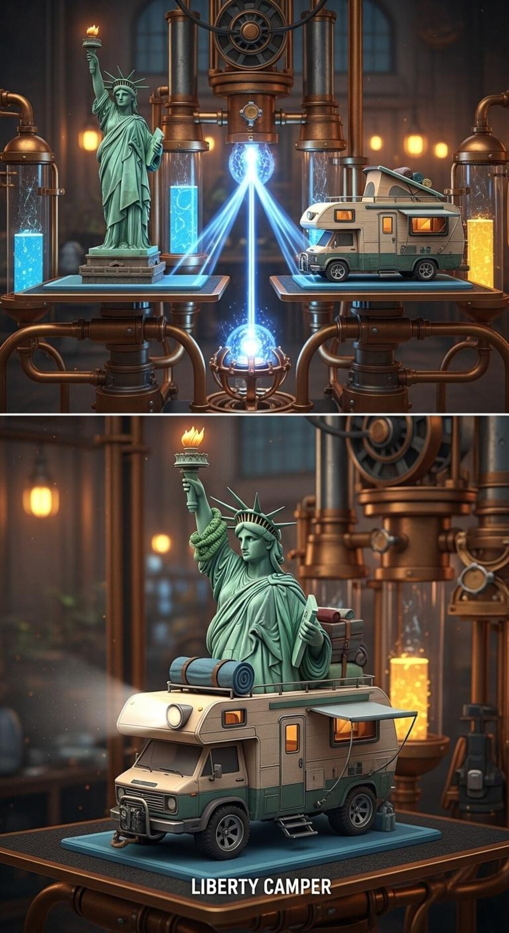 自由の女神＋キャンピングカーで合成