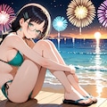 夜のビーチの花火を楽しむこよみちゃん 3枚目