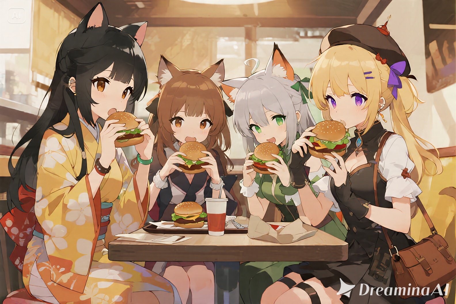 お店でハンバーガーを食べる虎鼠メンバーズ