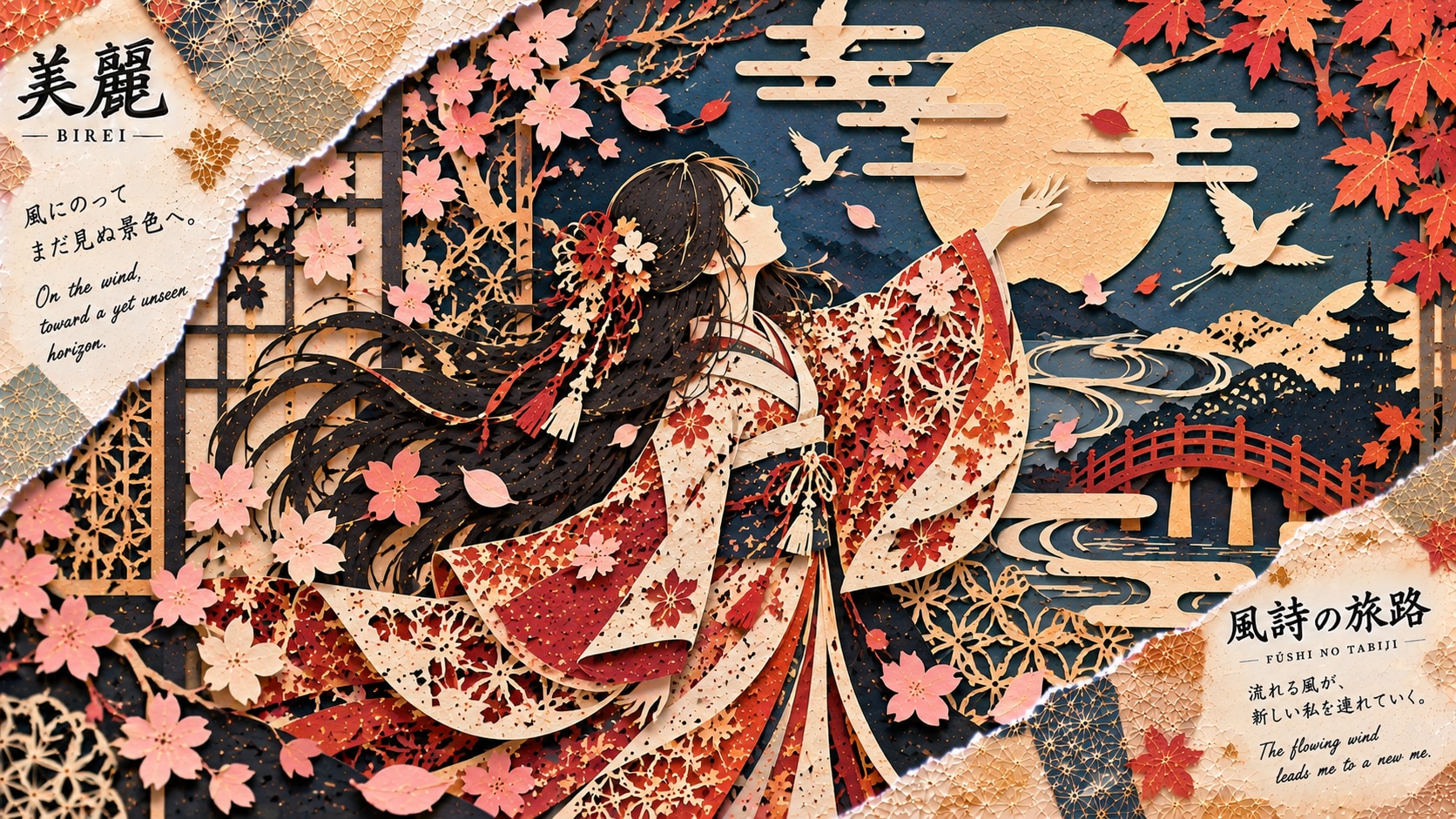 A Journey of Poetic Winds  Take a moment to enjoy this intricate, multi-layered paper-cut collage. A | の人気AIイラスト・グラビア
