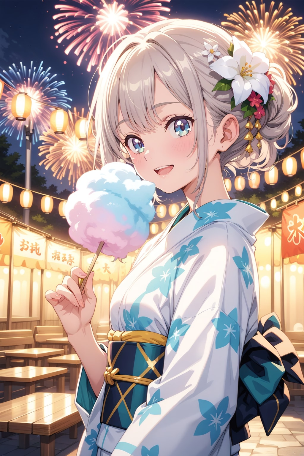 夏祭りの夜、花火と綿あめ