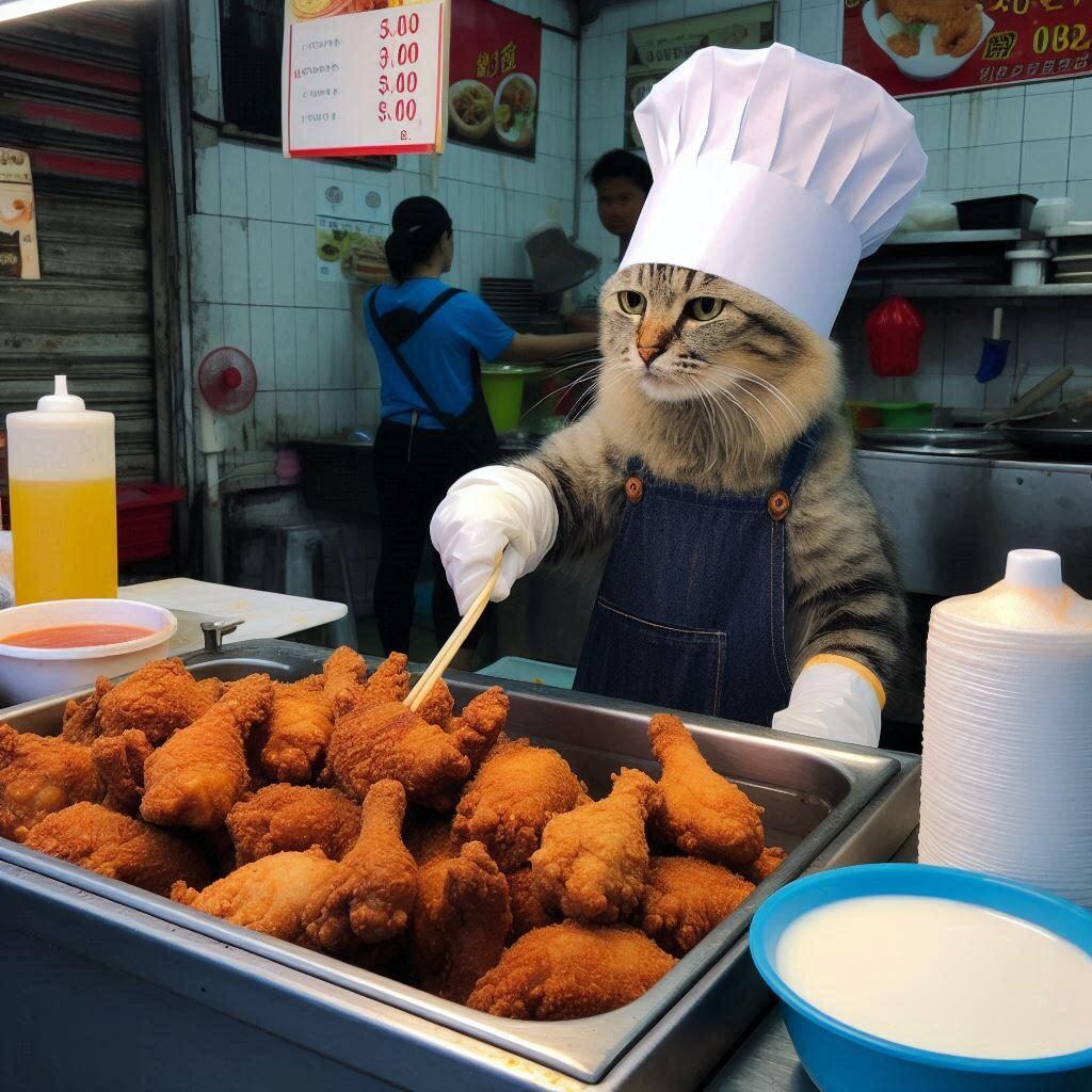 唐揚げ屋台で働く猫