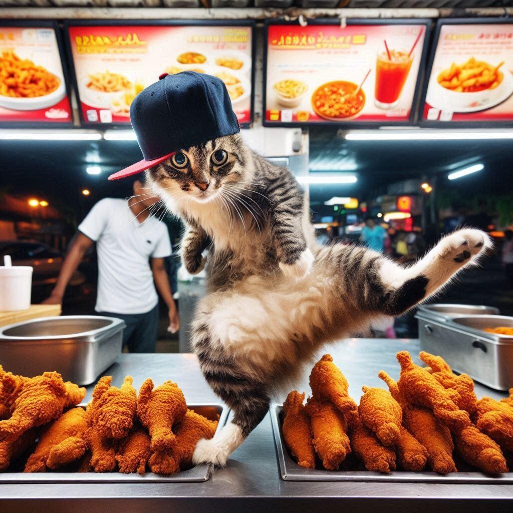 唐揚げ屋台で働く猫