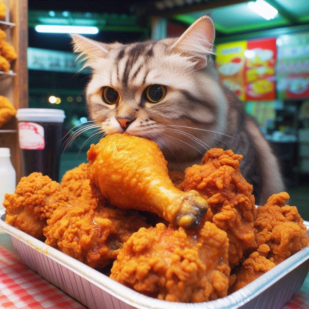 唐揚げ屋台で働く猫