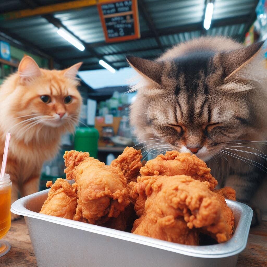 唐揚げ屋台で働く猫