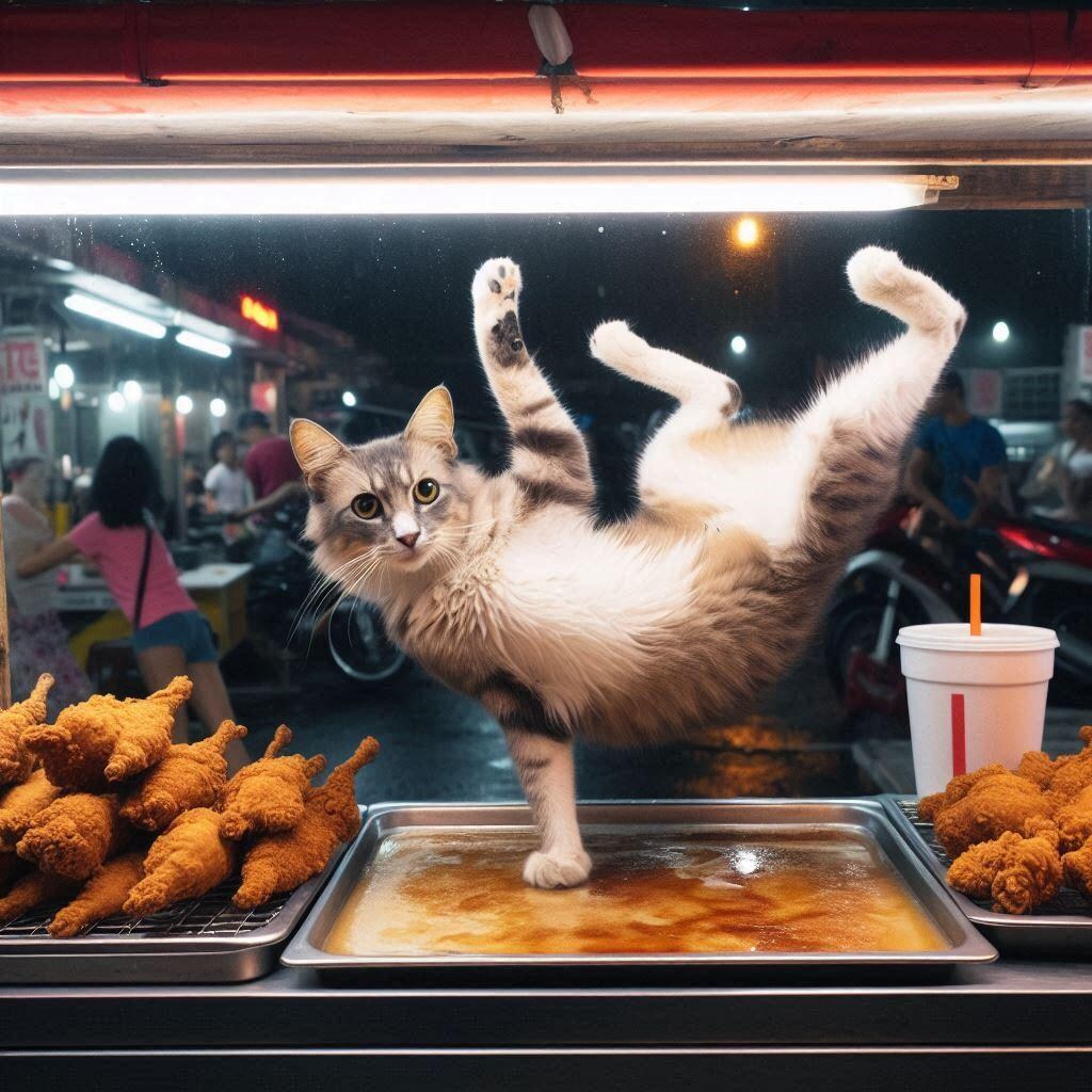 唐揚げ屋台で働く猫