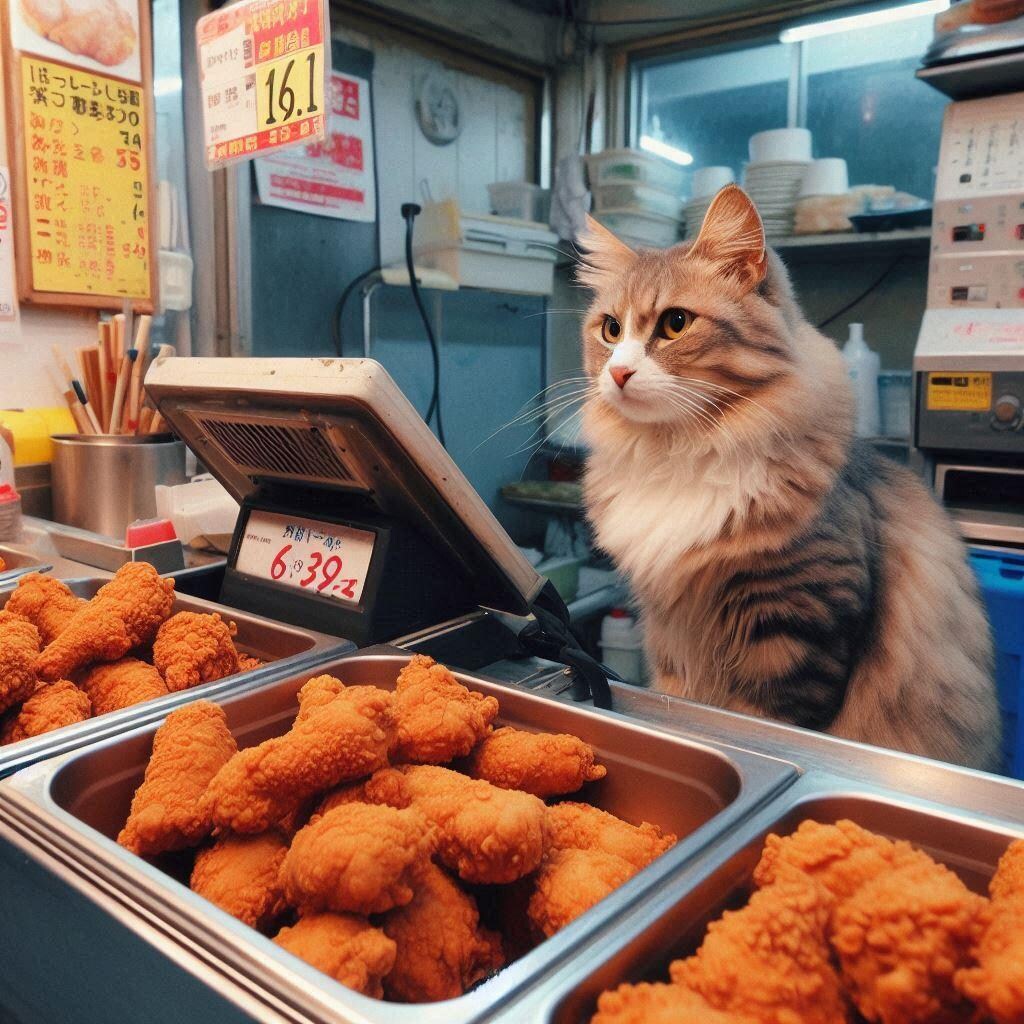 唐揚げ屋台で働く猫