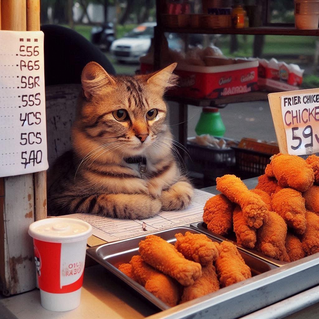 唐揚げ屋台で働く猫