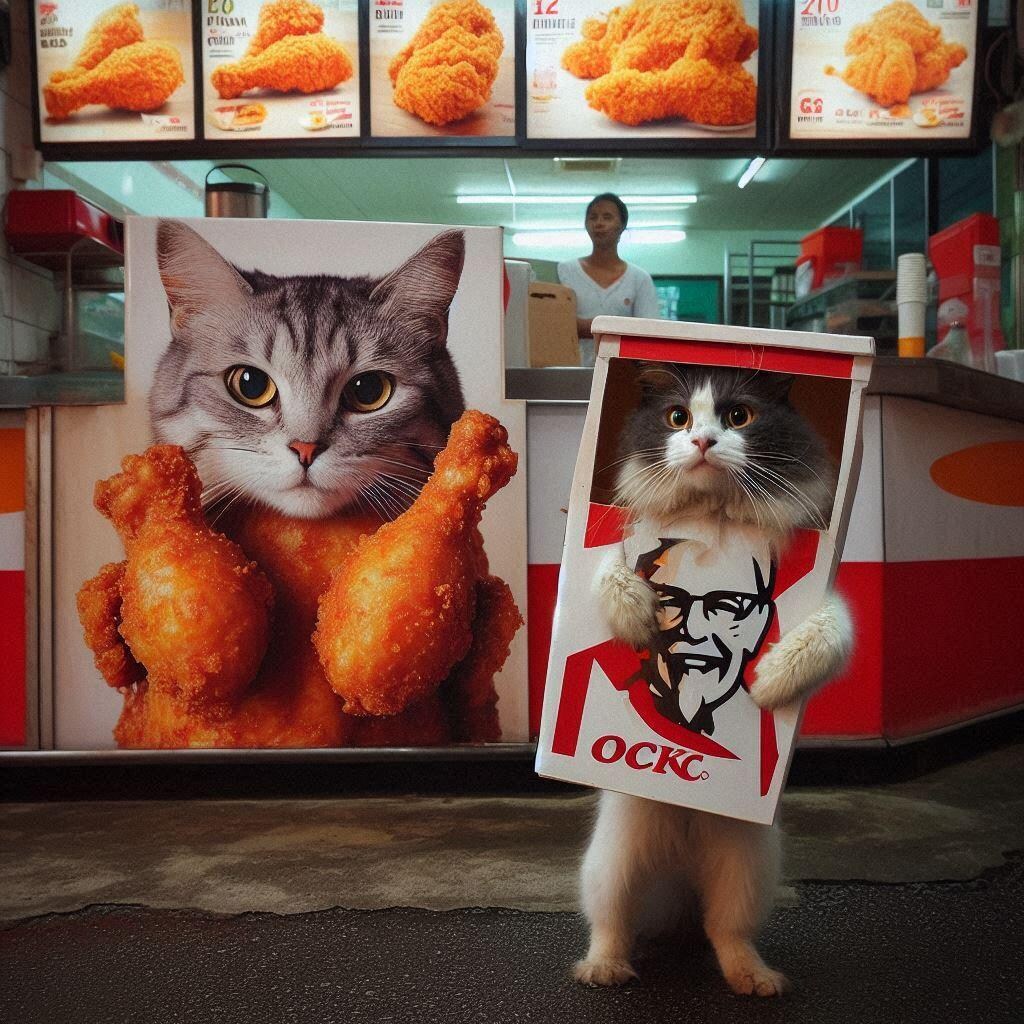 唐揚げ屋台で働く猫