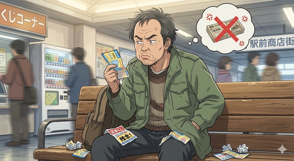 宝くじがはずれて拗ねているおっさん