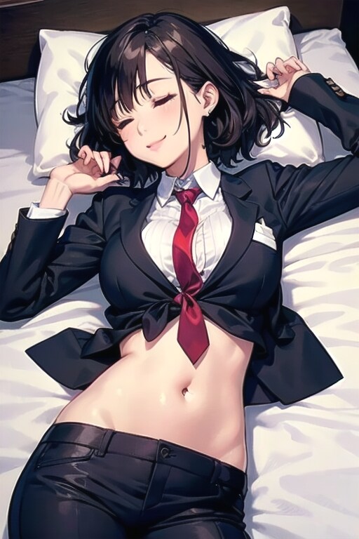 へそ出しスーツOLのホテルベッド
