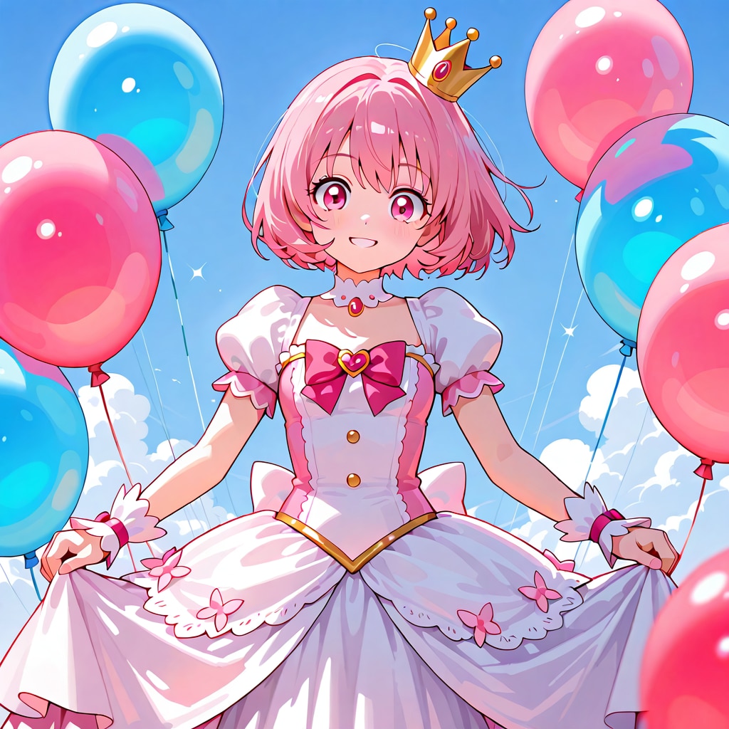 いっぱい色とりどりの風船を持つピンク髪ショートカットのお姫様