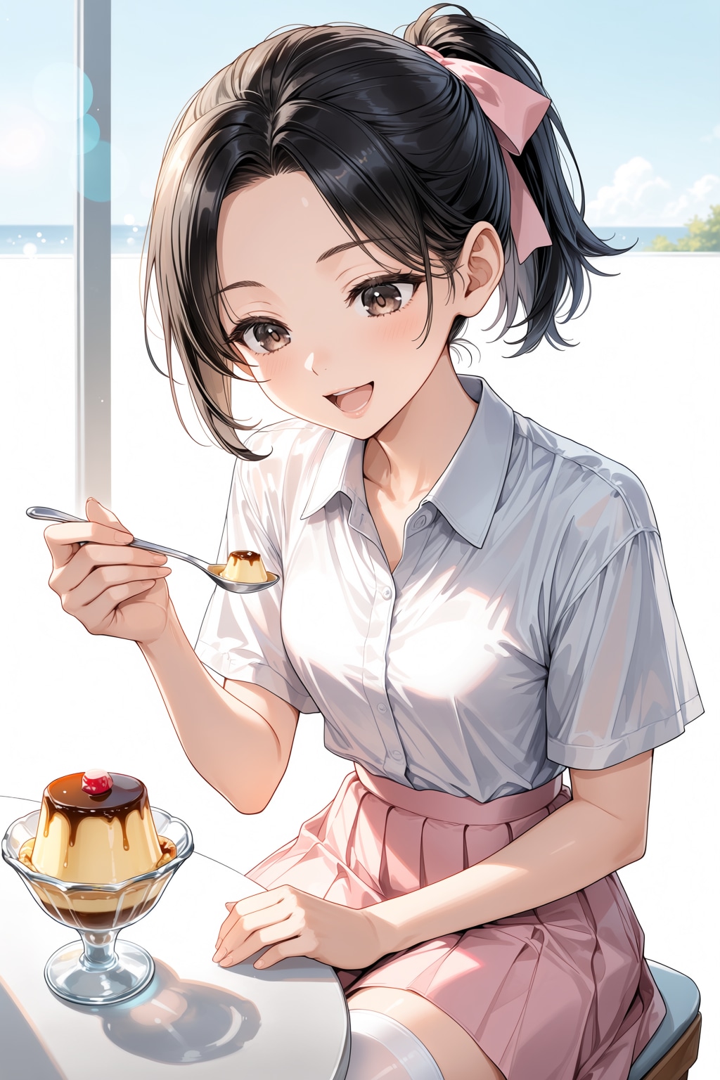 プリンを食べる桃花